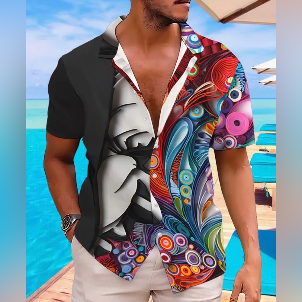 Face & Ethnic Pattern Print Short Sleeve Shirt w Lapel Collar (Lg)
